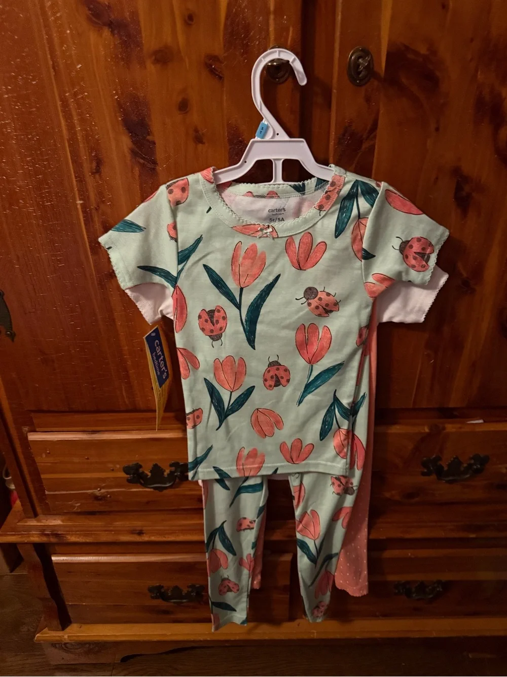 Brand New Carter's White and Coral Ladybug Floral Pajama Set Size 5T